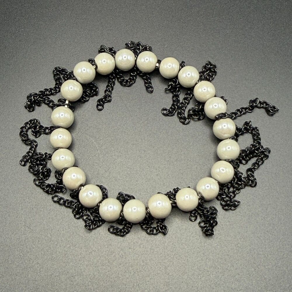Cha Cha Cluster Statement Bracelet Women White Faux Pearl Black Chain